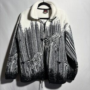 VTG Mazmania Zebra Print Fleece Jacket Full Zip White Black‎ 90s Art to Wear M